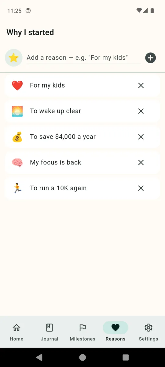 The SoberTrack Why I started screen with a field for adding a reason and a list of saved reasons
