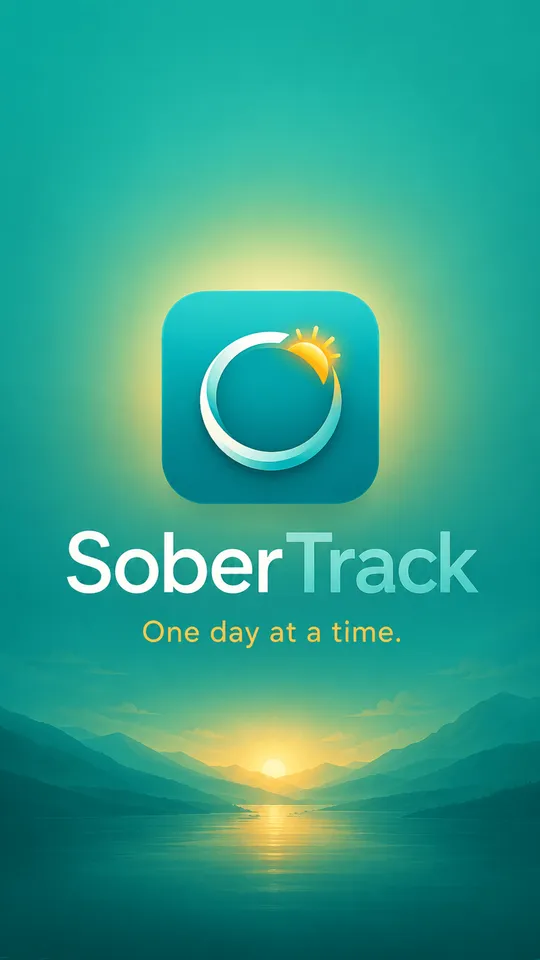 The SoberTrack launch screen: a sunrise over water in teal and gold, the app name, and the line One day at a time.