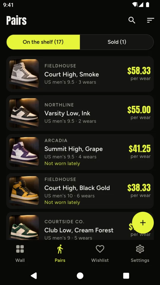 Pairs: what is on the shelf, with each pair’s cost per wear.
