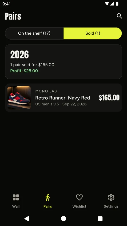 Sold: one pair sold in 2026 for $165.00, with a $25.00 profit.