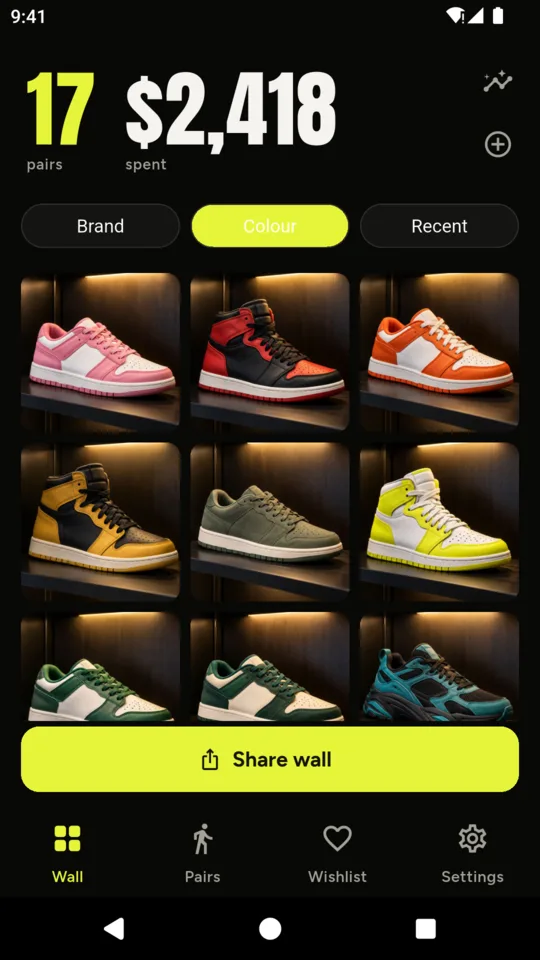 The wall: 17 pairs and $2,418 spent, sorted by color