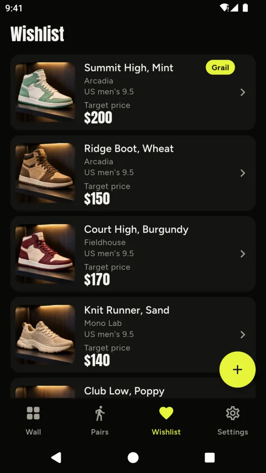 Wishlist: pairs being hunted, the grail first, each with a target price.