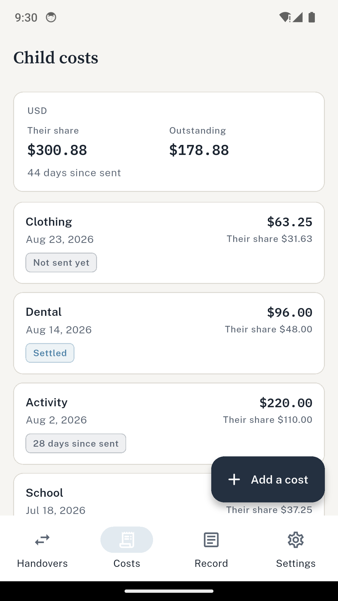 The child costs list, showing amounts sent, the claimed share and what is still outstanding