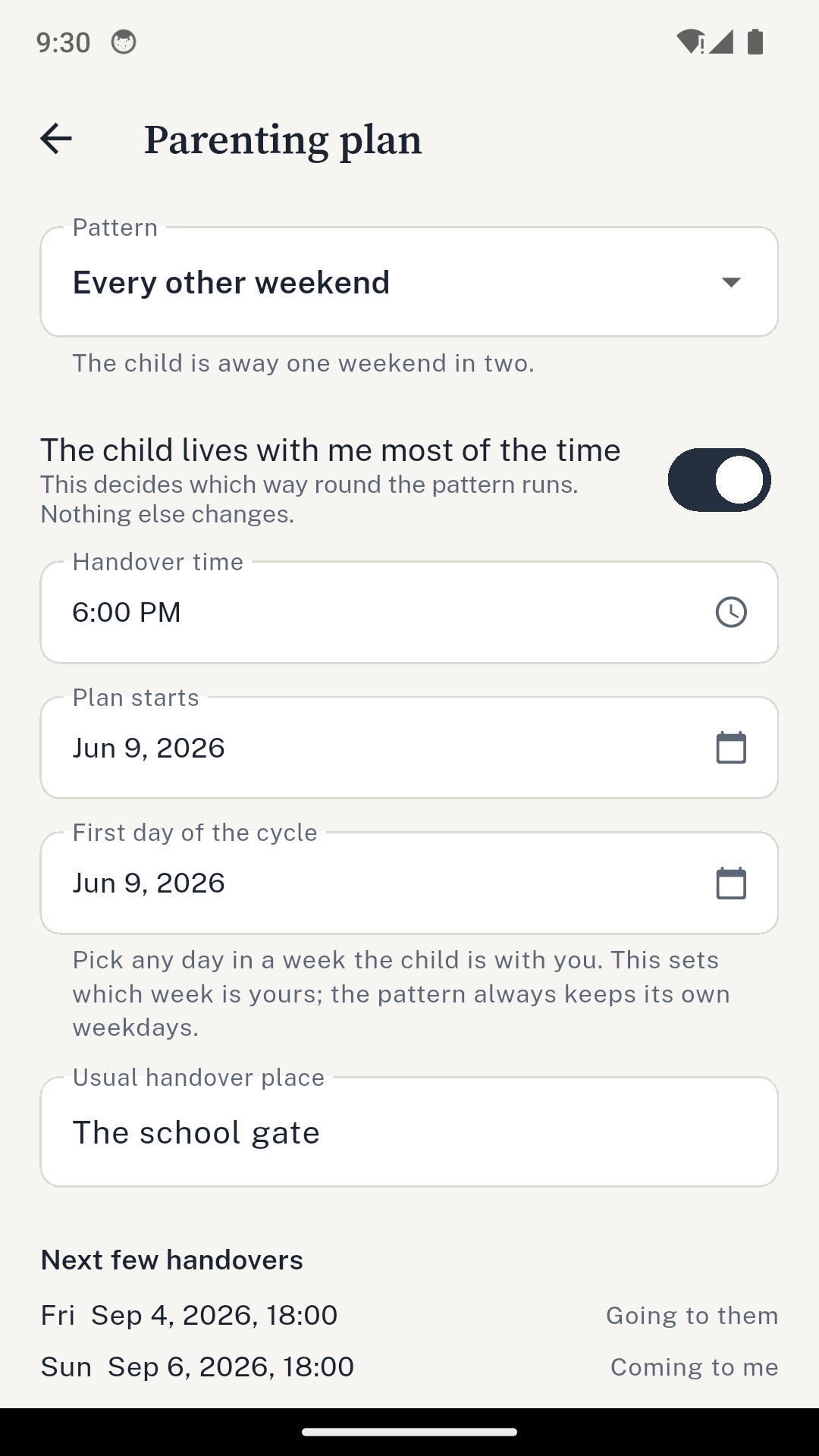 The parenting plan screen: every other weekend, a 6pm handover time, the cycle start date and the usual handover place, with the next few handovers listed underneath