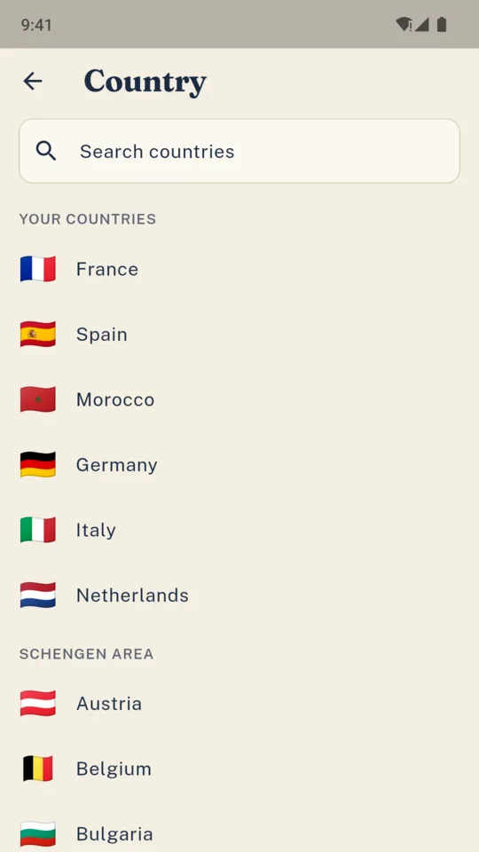 The country list: your countries first, then the Schengen area.