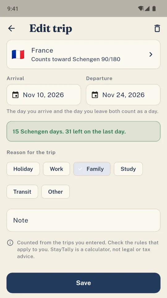 A trip: France, 15 Schengen days, 31 left on its last day.