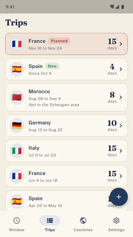 Trips: a planned trip, a stay in Spain under way, and the trips before it