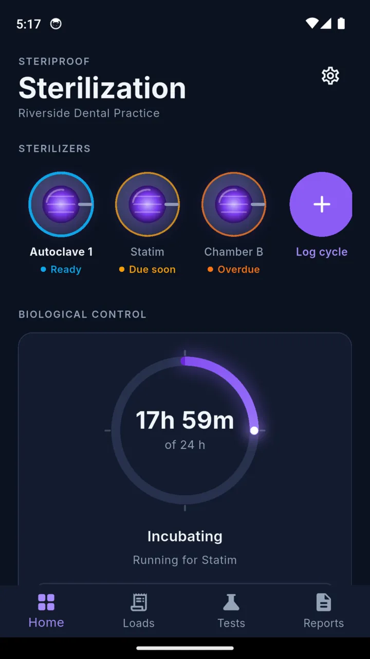 The SteriProof dashboard showing three sterilizers named Autoclave 1, Statim and Chamber B, each with a status dial reading Ready, Due soon and Overdue, above a biological control card counting down 17 hours 59 minutes of 24