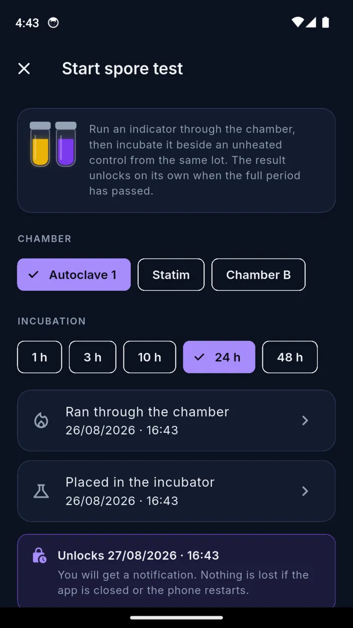 The start spore test screen with the chamber picker, incubation periods of 1, 3, 10, 24 and 48 hours, and a card stating the date and time the result unlocks