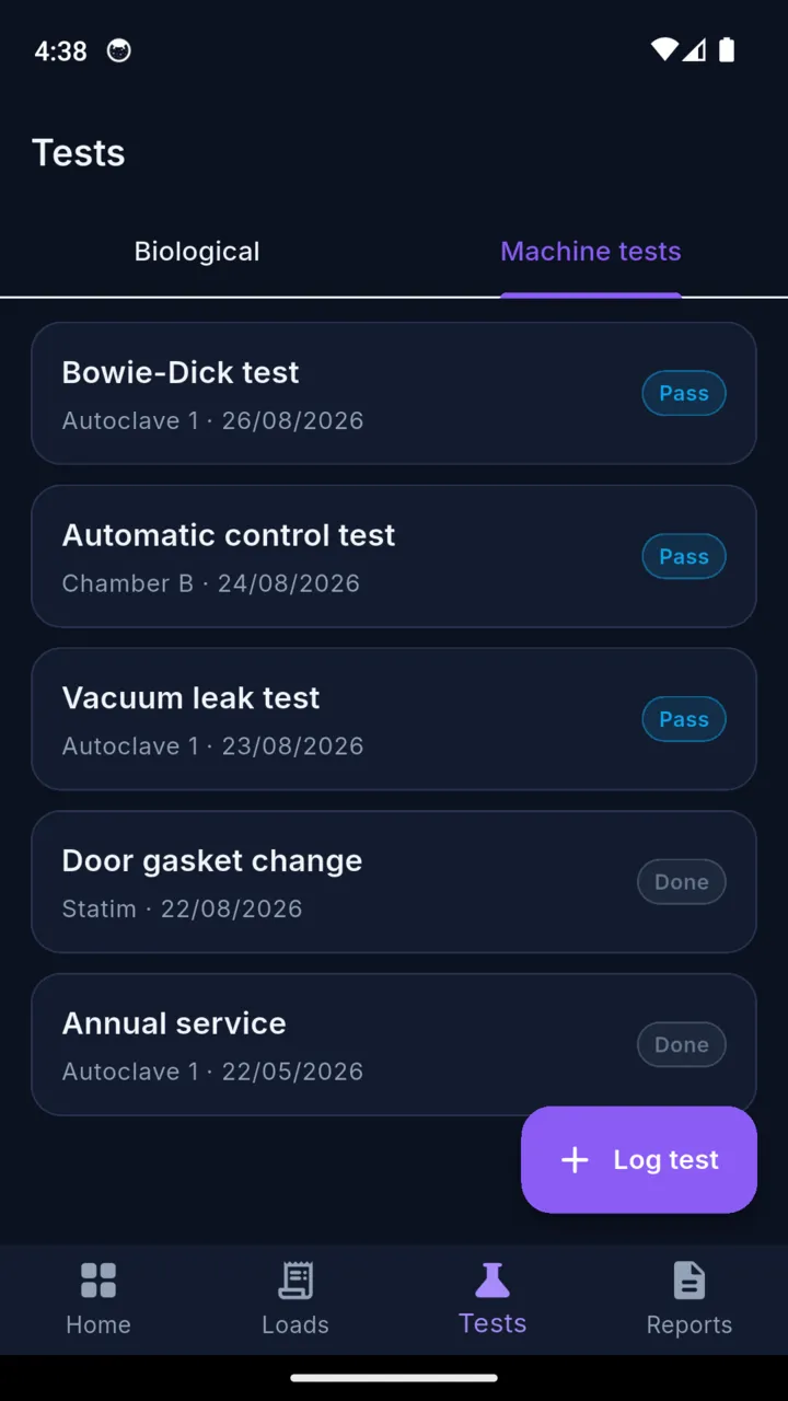 The machine tests tab listing a Bowie-Dick test, automatic control test, vacuum leak test, door gasket change and annual service with pass or done badges