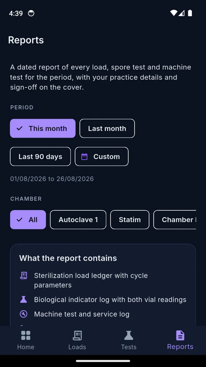 The reports screen with period and chamber filters and a summary of what the exported PDF contains