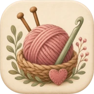 StitchNest icon: a ball of dusty pink yarn in a woven basket with knitting needles and a crochet hook, ringed by sage leaves
