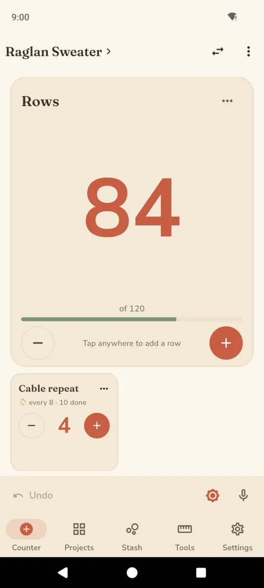 The StitchNest counter showing Rows at 84 of 120 in large terracotta figures above a sage progress bar, a minus button, a plus button and the line tap anywhere to add a row, with a smaller cable repeat counter at 4 beneath it