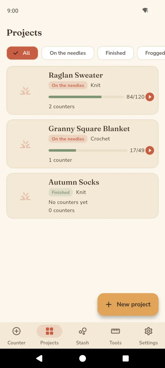 The StitchNest projects list with filter chips for all, on the needles, finished and frogged, showing a raglan sweater at 84 of 120, a granny square blanket at 17 of 49 and a pair of finished autumn socks