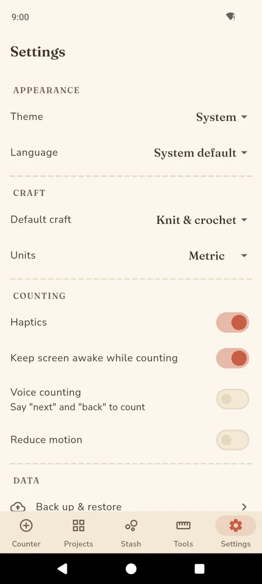 StitchNest settings showing theme and language, default craft and units, then counting switches for haptics, keep screen awake while counting, voice counting and reduce motion, above back up and restore