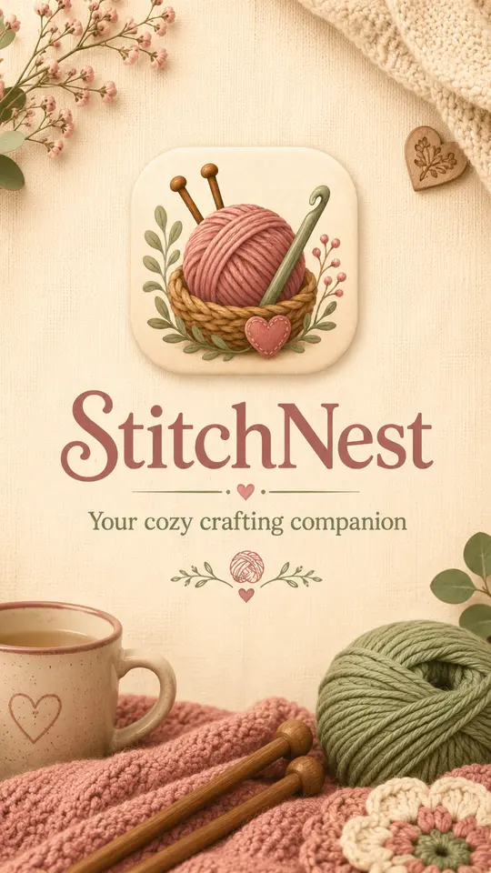 The StitchNest opening screen: a basket of yarn with needles and a crochet hook above the wordmark and the line “Your cozy crafting companion.”