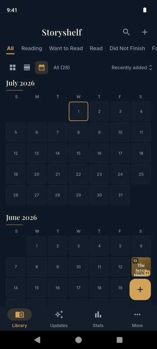 The Storyshelf cover calendar: a month grid with a book cover on each day a book was finished