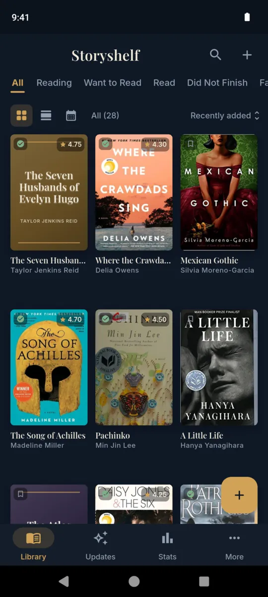 The Storyshelf library in grid view: book covers with star ratings, filtered by All, Reading, Want to Read, Read and Did Not Finish