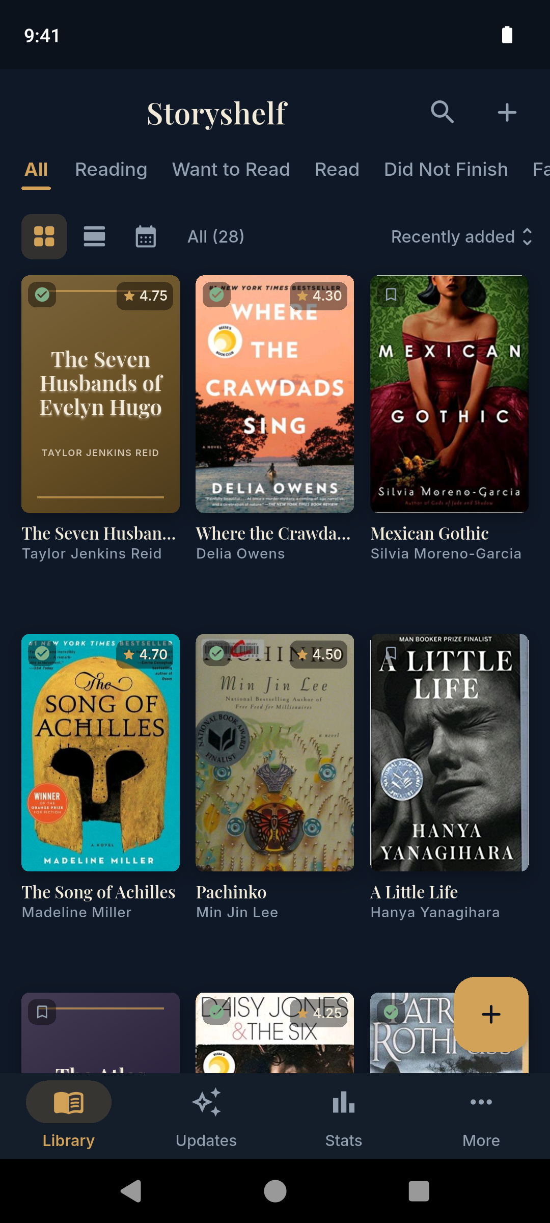 Storyshelf cover-grid library showing a shelf of book covers