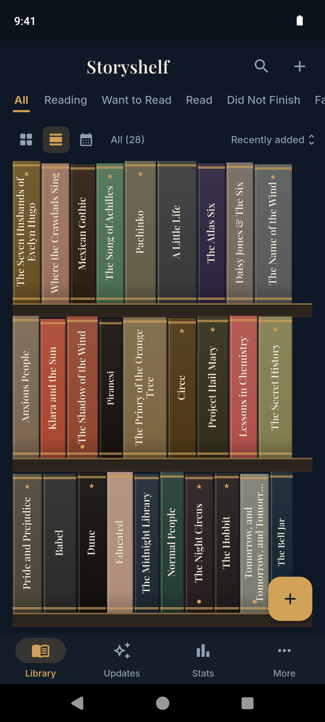 Storyshelf book-spine shelf rendering books as spines on a wooden shelf