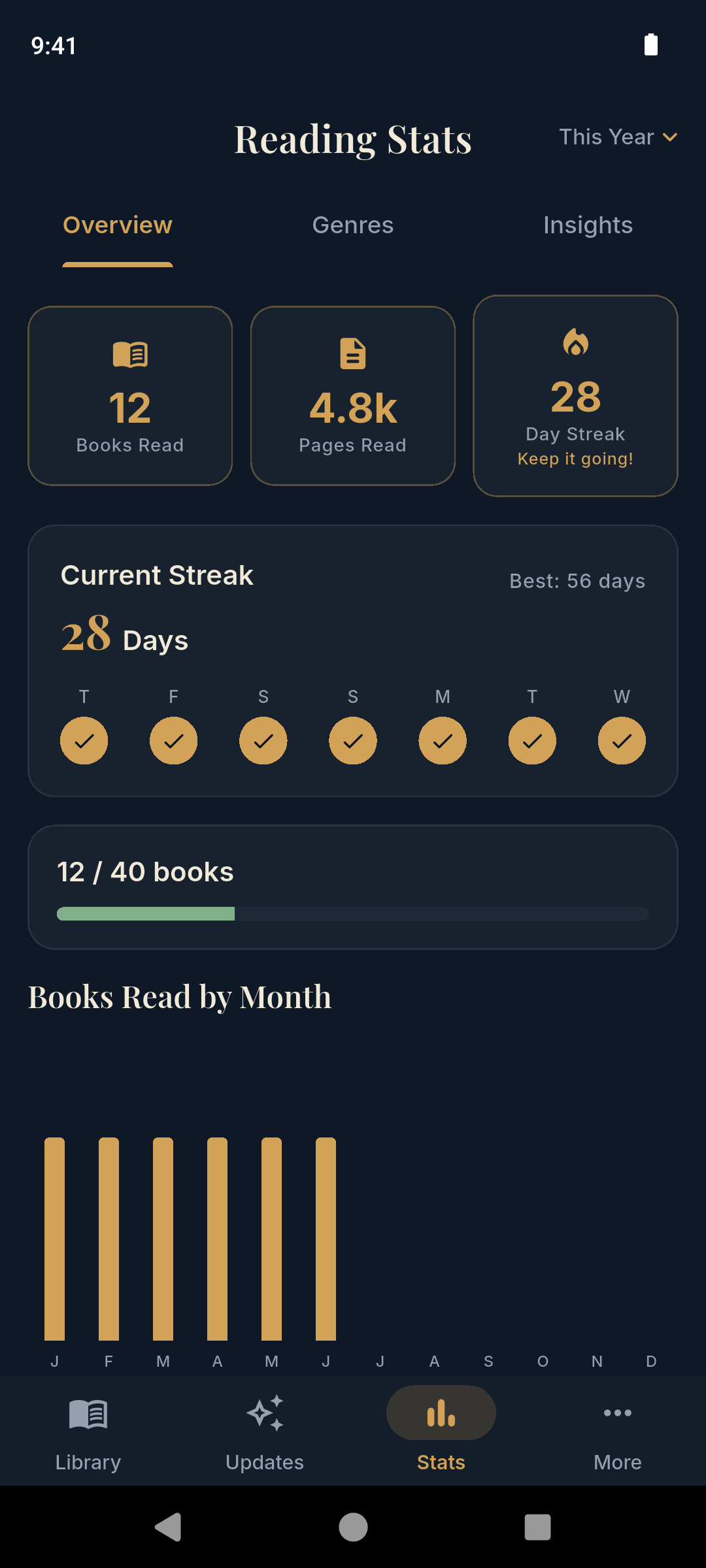 Storyshelf private stats dashboard showing pace, pages per day and reading time
