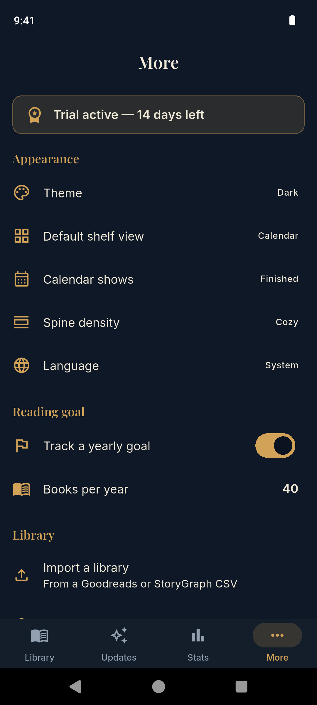 Storyshelf settings screen with backup and import options