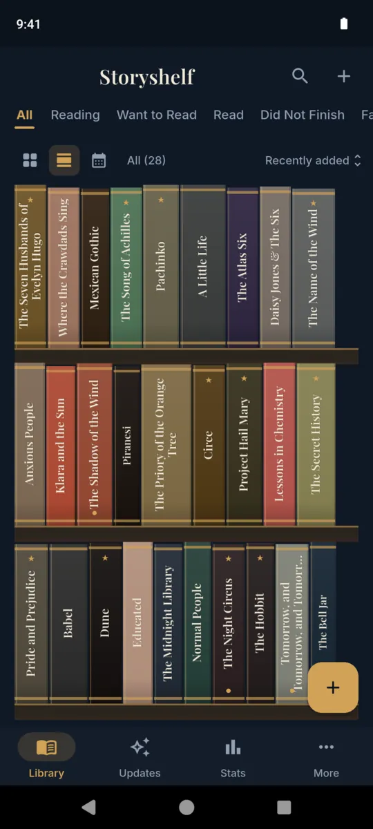 The Storyshelf Library Wall: rows of coloured book spines standing on wooden planks, each printed with its title, filling the screen top to bottom