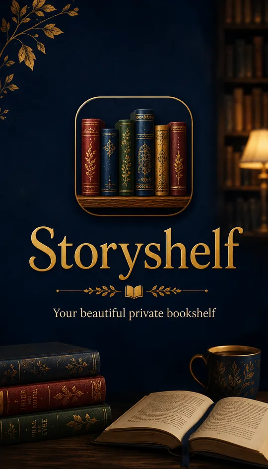 The Storyshelf launch screen: a row of ornate book spines and an open book, with the wordmark and the line Your beautiful private bookshelf
