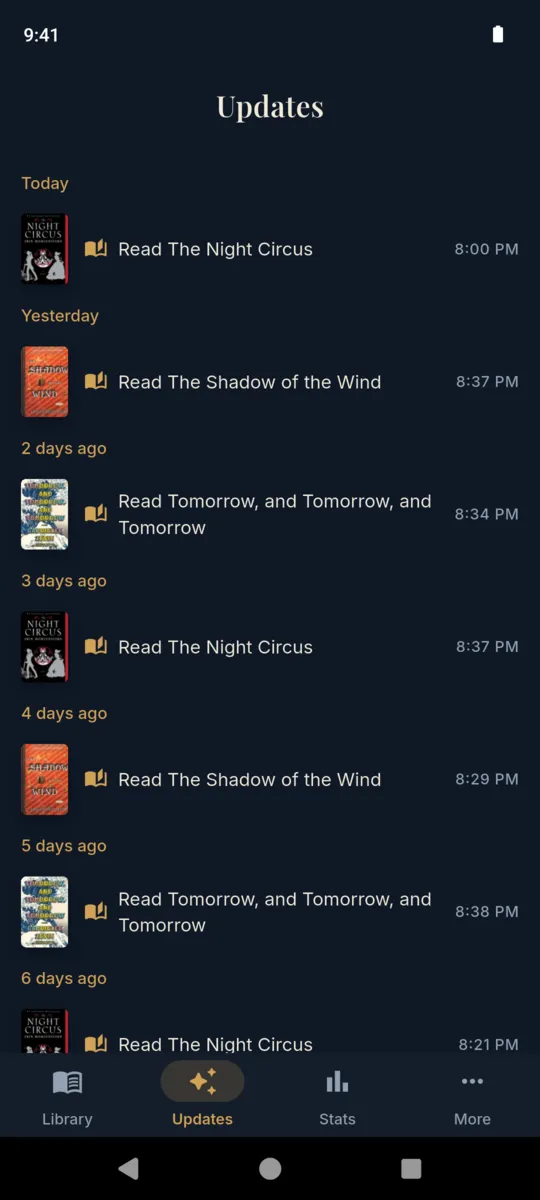 The Storyshelf updates feed listing recent reading sessions by book and time, grouped by day
