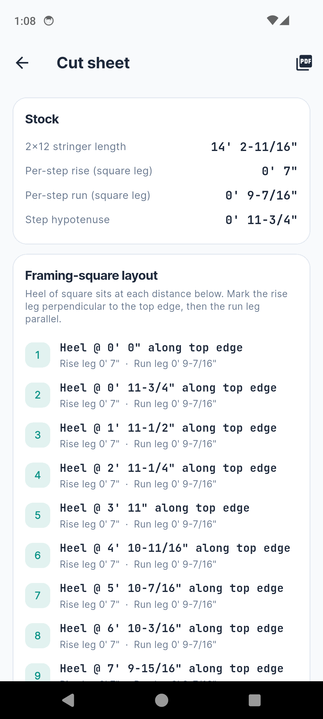 StringerPro framing-square cut sheet step list