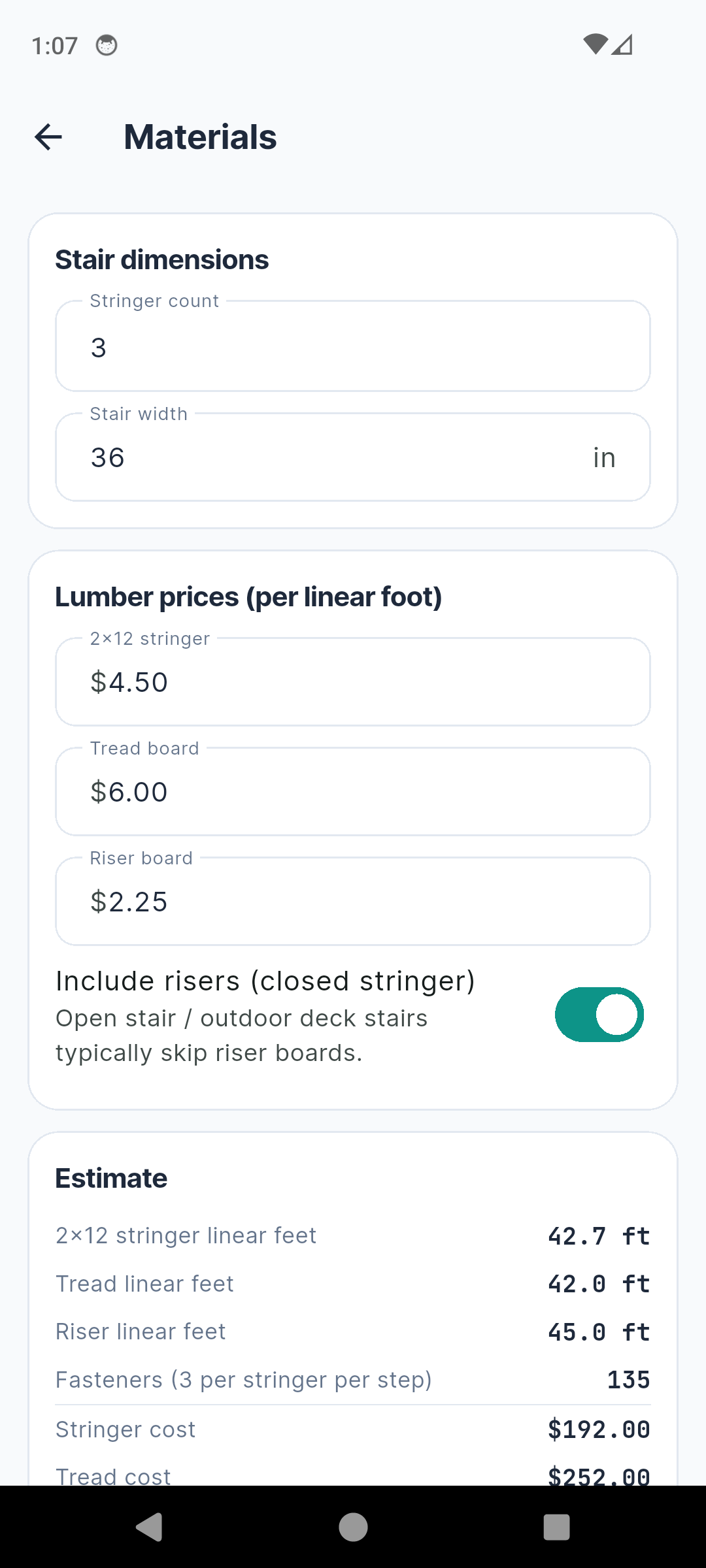 StringerPro material estimator with stringer count and pricing