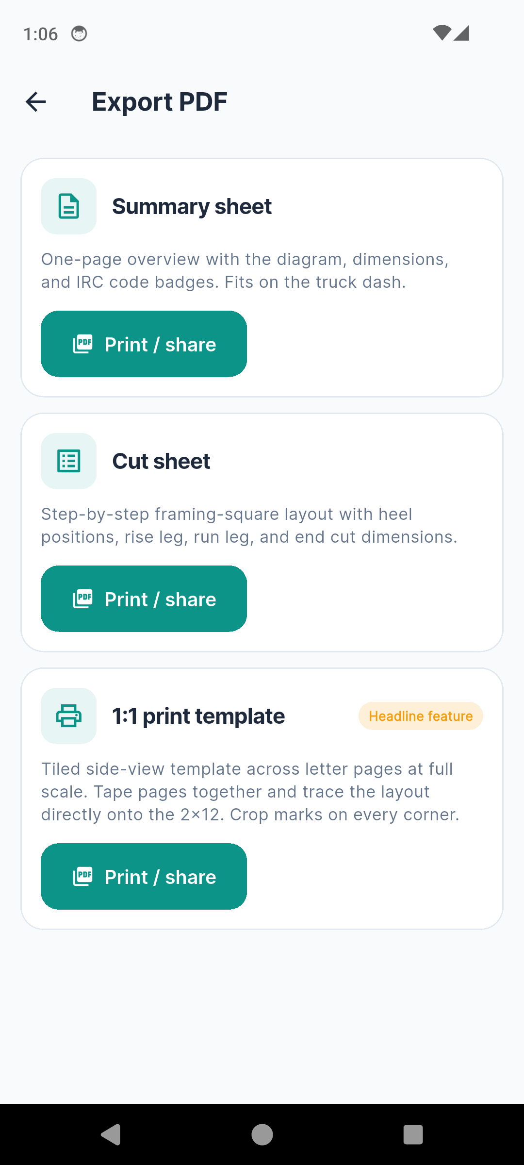 StringerPro PDF export options for summary, cut sheet, 1:1 template