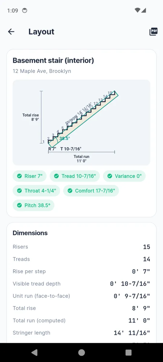 The StringerPro layout screen: a scaled side view of a fifteen-step stair with total rise 8 feet 9 inches, total run 11 feet and a 38.5 degree pitch, with six green code badges below it