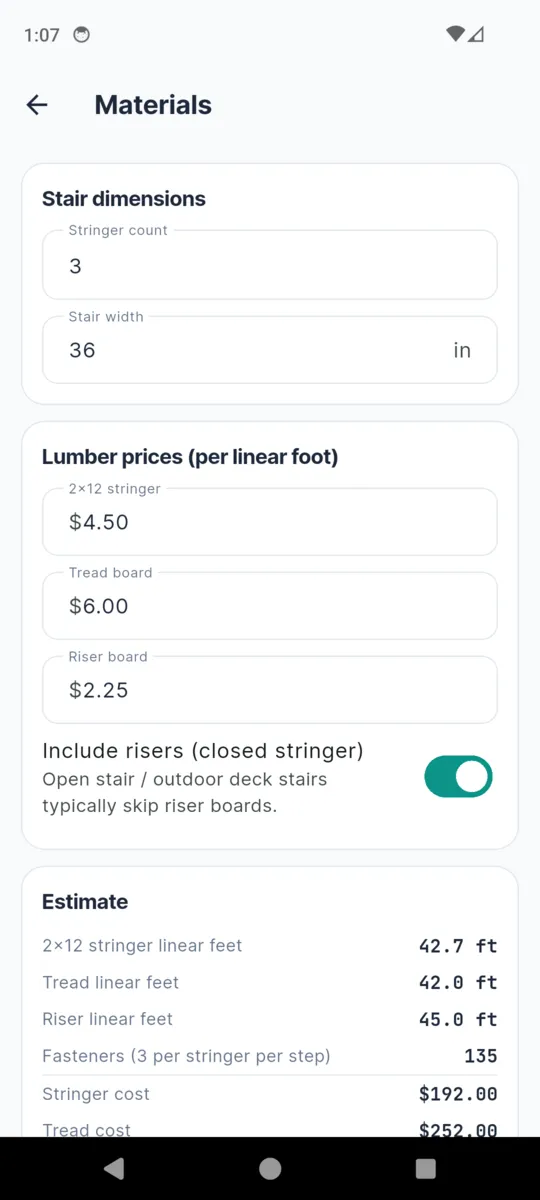 The StringerPro materials screen: stringer count and stair width, prices per linear foot for stringer, tread and riser stock, and an estimate listing linear feet and a fastener count