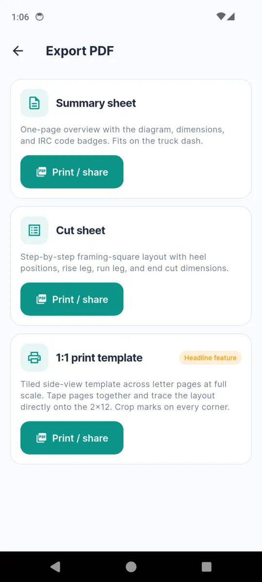 The StringerPro export screen offering a summary sheet, a cut sheet and a 1 to 1 print template, each with a print and share button