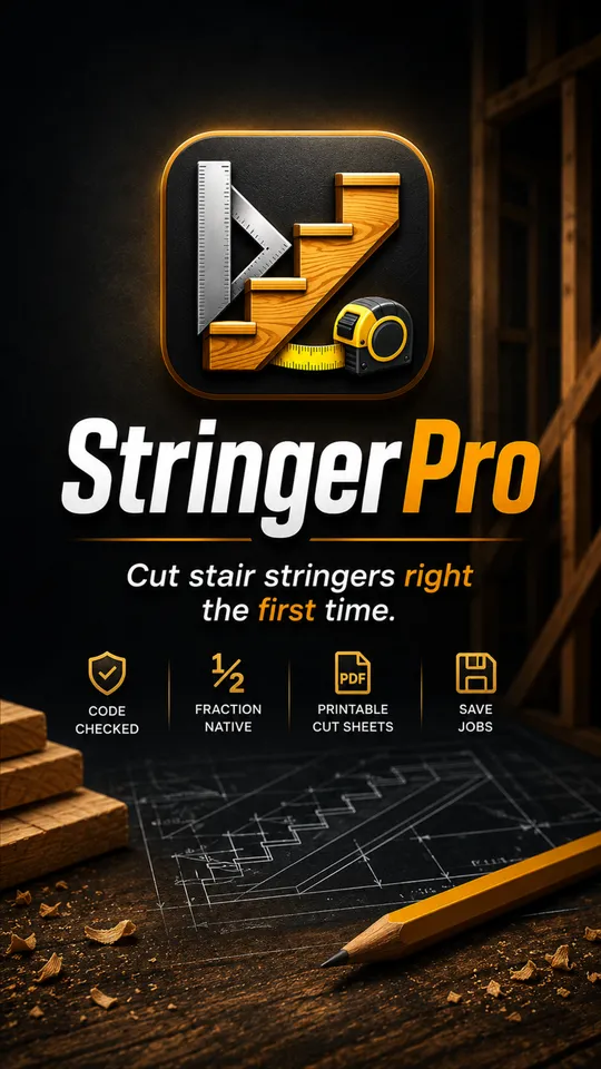 StringerPro launch screen: the wordmark over a timber background with the line Cut stair stringers right the first time