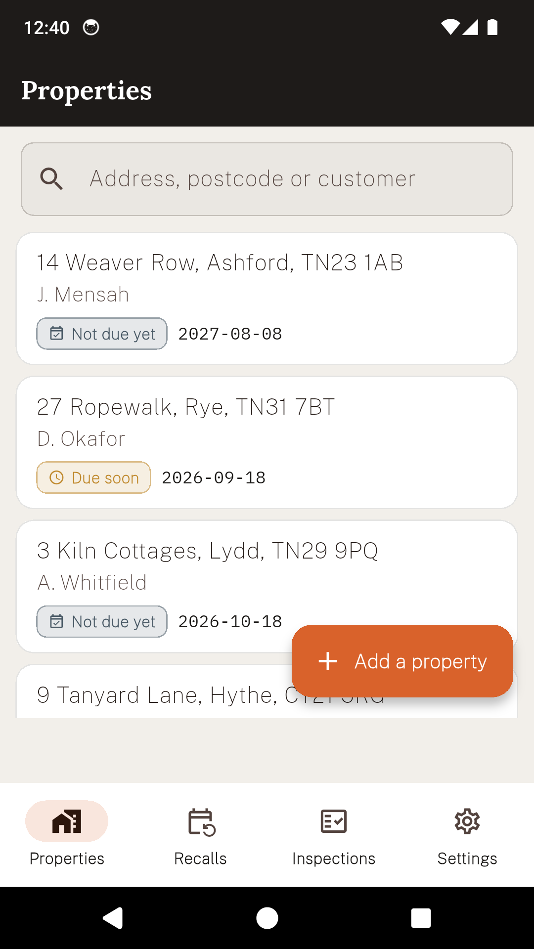 The SweepCert properties list, each address showing whether the next inspection is due soon and when.