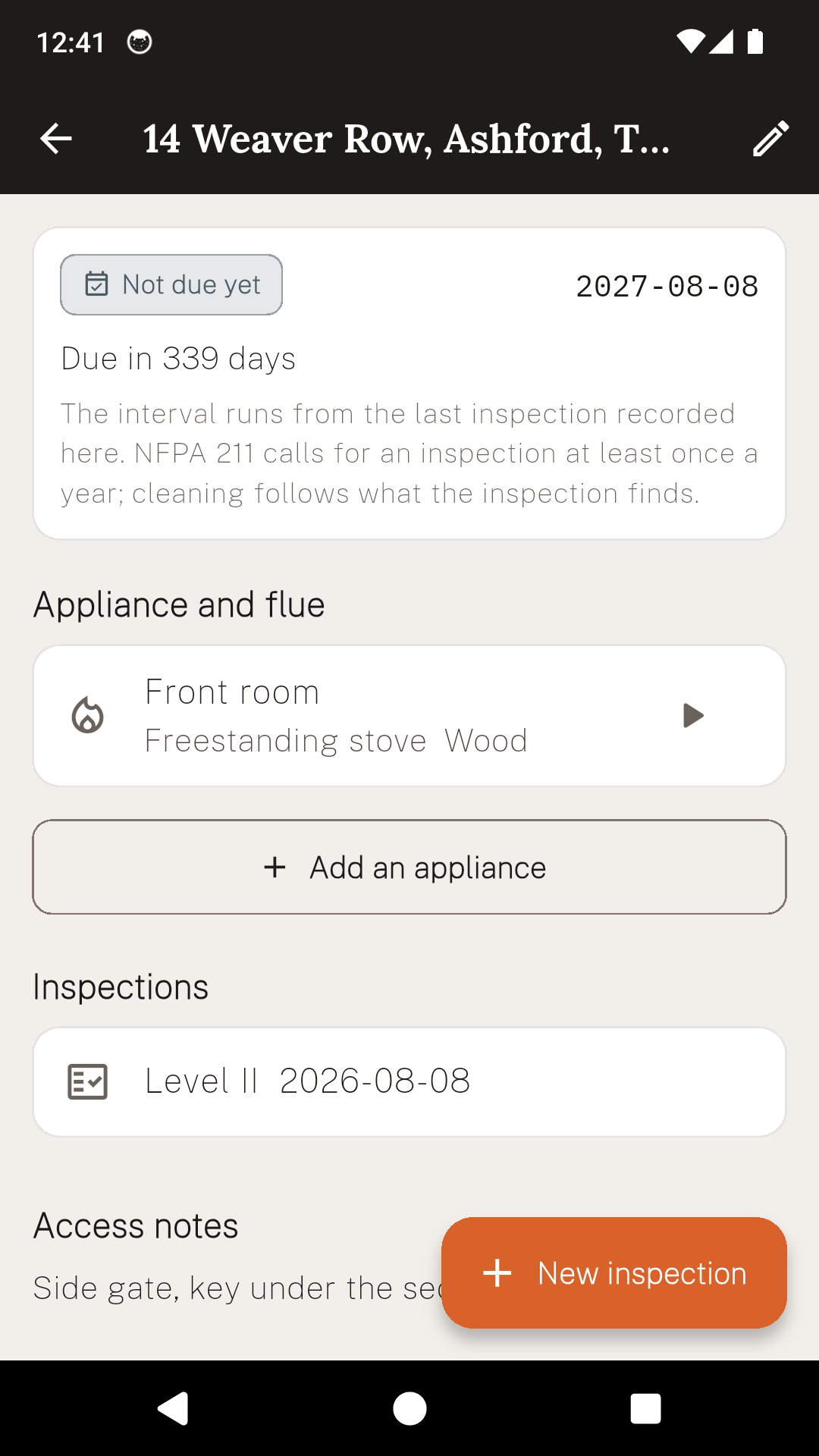A SweepCert property showing its appliance and flue, its inspection history and access notes.
