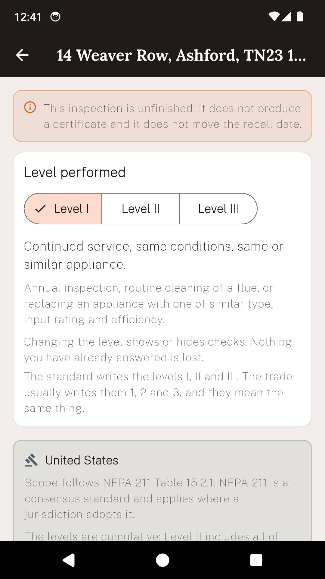 The SweepCert level picker on an unfinished inspection, with the United States standing note beneath it.