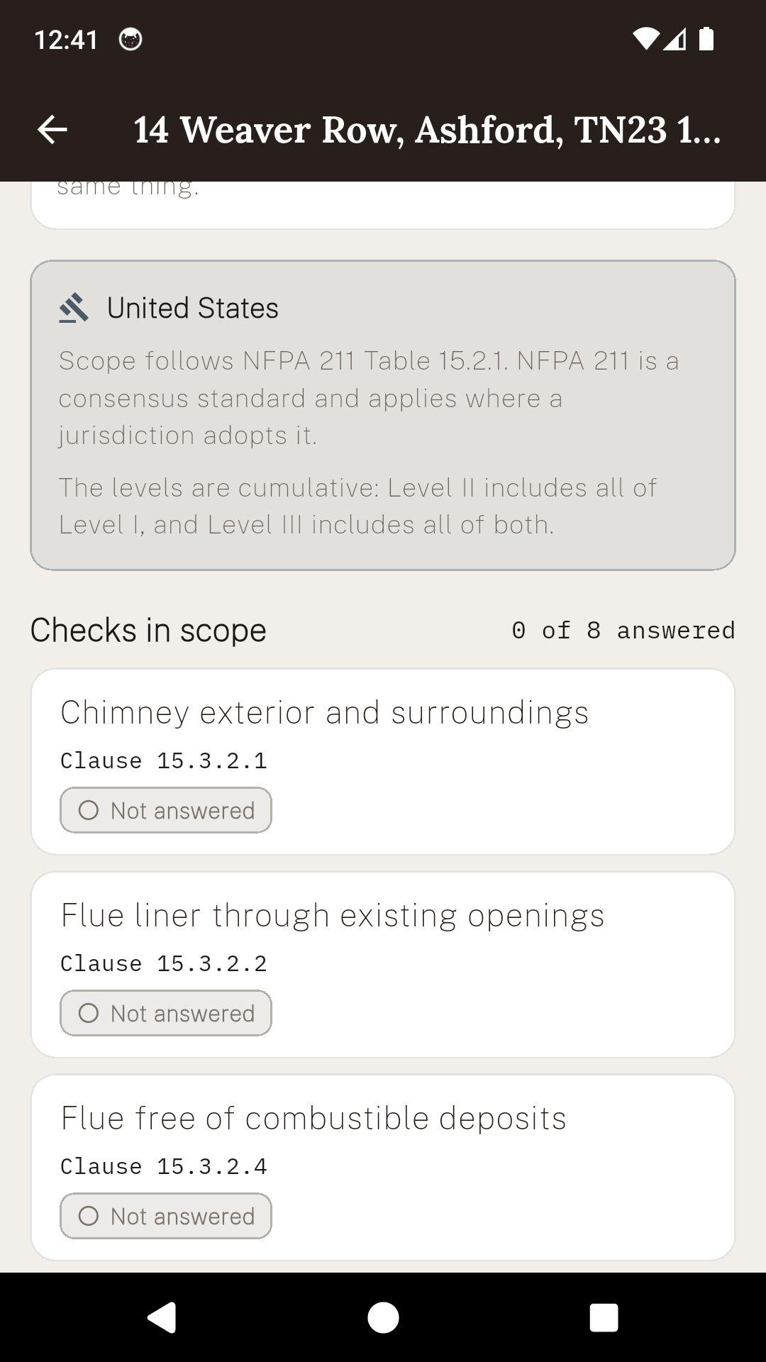 SweepCert checks in scope, each showing its clause number and whether it has been answered.