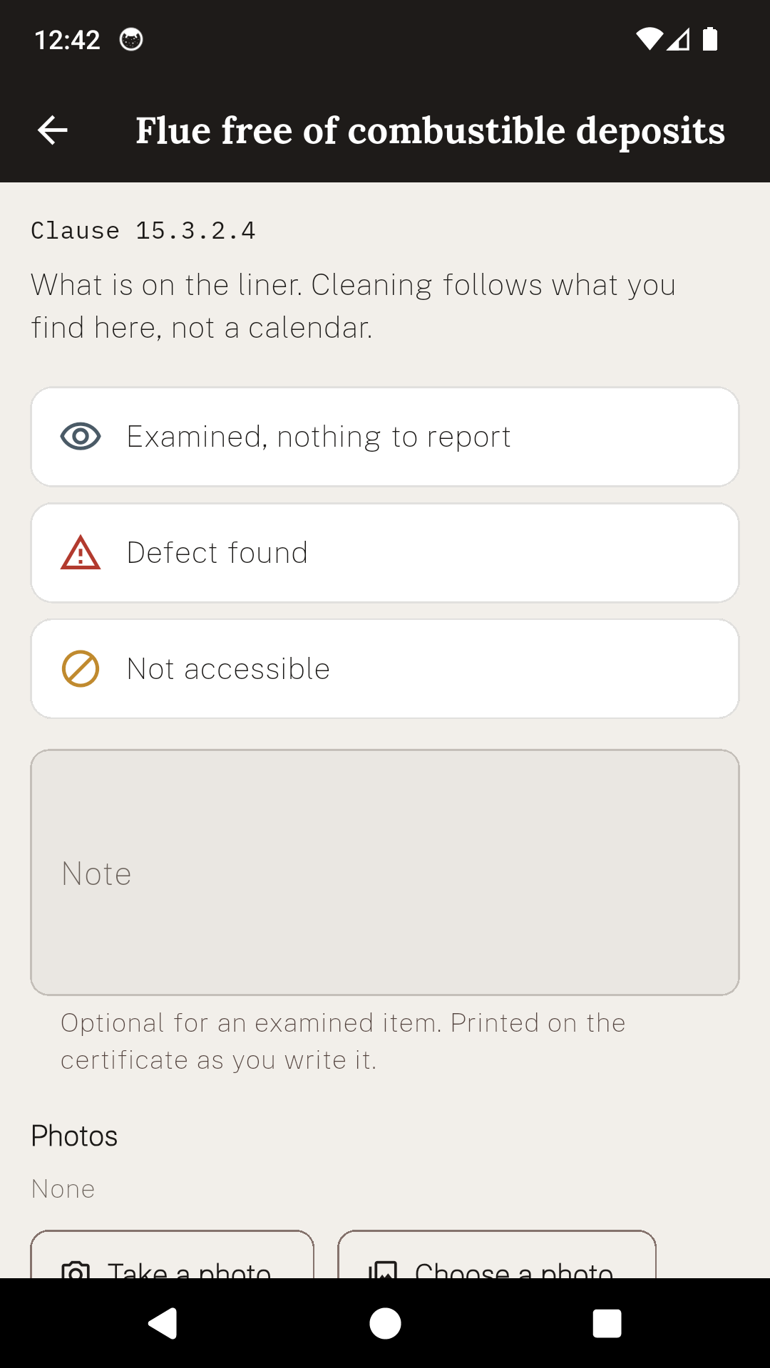 A SweepCert check screen offering examined, defect found and not accessible, with a note field and photographs.