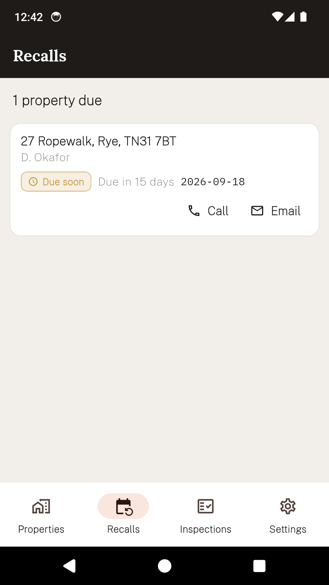 The SweepCert recalls screen showing one property due soon with call and email buttons beside it.
