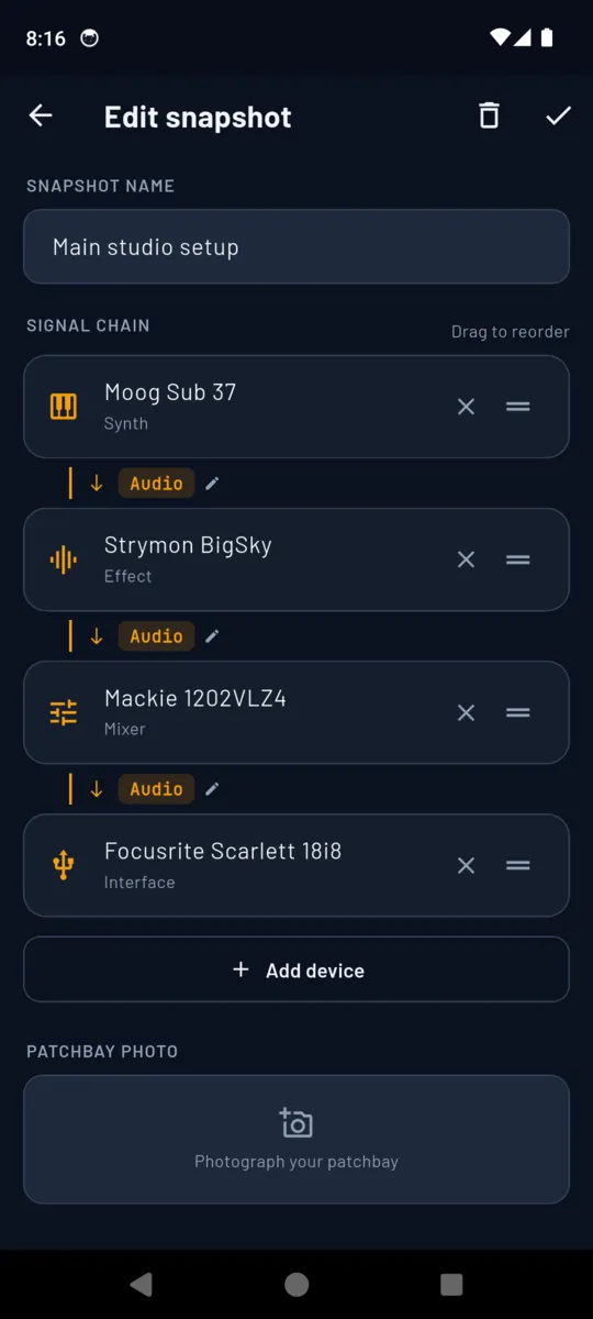 The SynthPatch chain editor: Moog Sub 37, Strymon BigSky, Mackie 1202VLZ4 and Focusrite Scarlett 18i8 in order, each link labelled Audio, above a slot for a patchbay photo