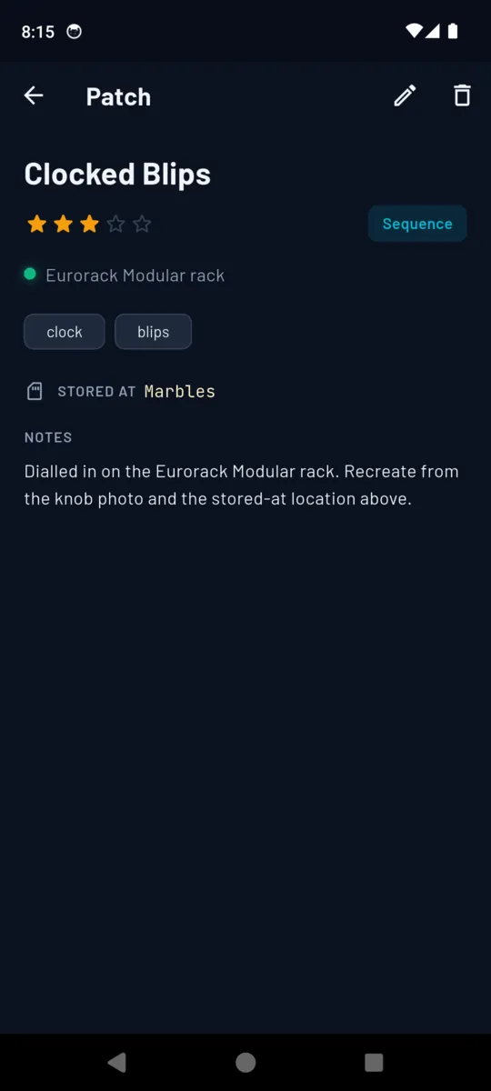 A patch page in SynthPatch showing Clocked Blips with a three-star rating, the Sequence tag, its synth, its tags, a Stored at value of Marbles and free-text notes