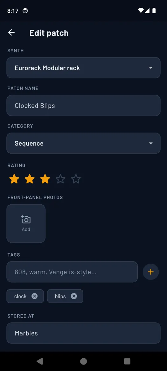 The SynthPatch patch editor: synth and category pickers, a star rating, an empty front-panel photo slot, tag chips and a Stored at field reading Marbles