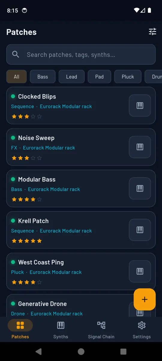 The SynthPatch patch library: Clocked Blips, Noise Sweep, Modular Bass and more, each with its category, synth, star rating and a coloured dot, above category filter chips