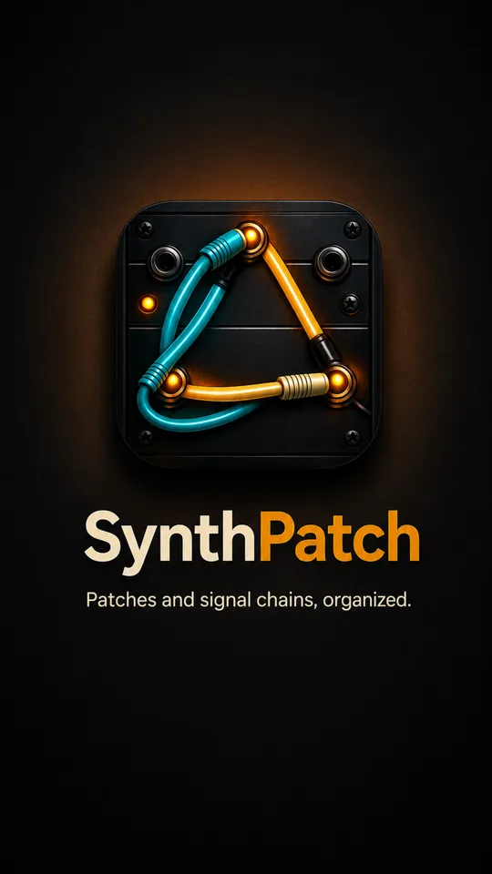 The SynthPatch launch screen: glowing amber and cyan patch cables on a black panel above the wordmark and the line Patches and signal chains, organized