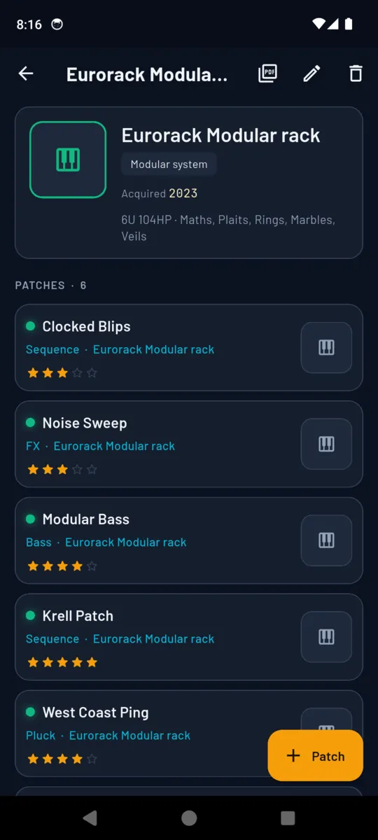 A synth page in SynthPatch: Eurorack modular rack acquired 2023, its module list as free text, and the six patches saved against it