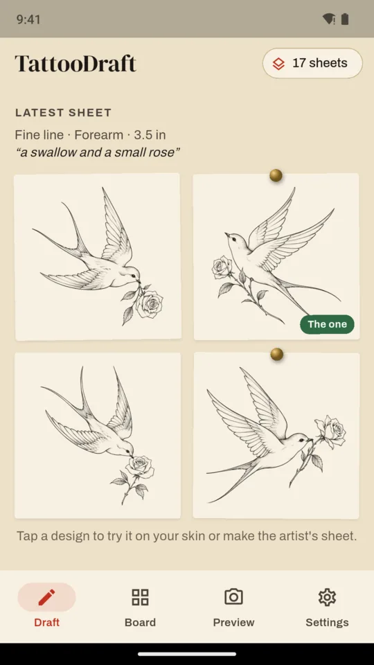 A sheet of four fine line swallow designs, one marked as the one