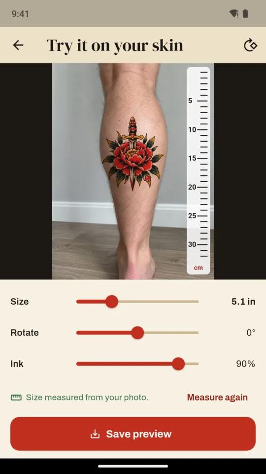 A dagger and peony design tried on a calf photo, with a ruler and size, rotate and ink sliders